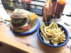 Chickpeas burger with french fries at La Central in Barcelona