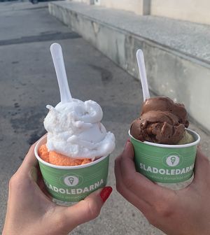 Vegan coconut and passion fruit & hazelnut and pistachio at Sladoledarna in Koper