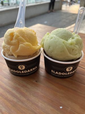 Orange ginger + coffee, apple basil + chocolate rum coconut   at Sladoledarna in Koper