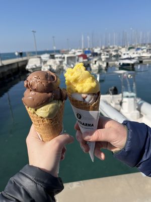 Gianduja, pistachio, choco coconut and orange ginger 👌  at Sladoledarna in Koper