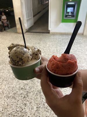 peanut-stracciatella, yogurt-mango and strawberry   at Sladoledarna in Koper