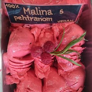 Raspberry vegan ice cream.

Photo by: Sladoledarna on Facebook. at Sladoledarna in Koper
