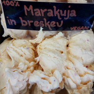 Maracuja and peach vegan ice cream.

Photo by: Sladoledarna on Facebook. at Sladoledarna in Koper