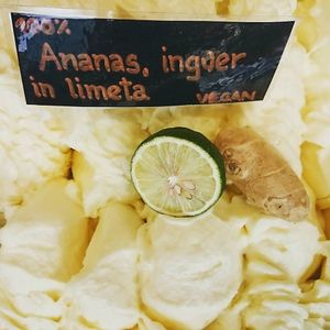 Pineapple, ginger and lime vegan ice cream.

Photo by: Sladoledarna on Facebook. at Sladoledarna in Koper