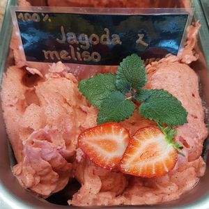 Strawberry vegan ice cream.

Photo by: Sladoledarna on Facebook. at Sladoledarna in Koper