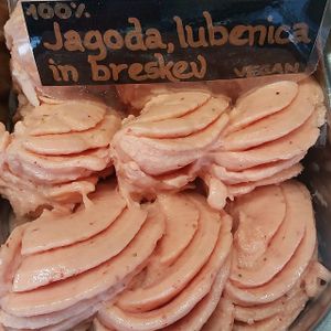 Strawberry, watermelon and peach vegan ice cream.

Photo by: Sladoledarna on Facebook. at Sladoledarna in Koper