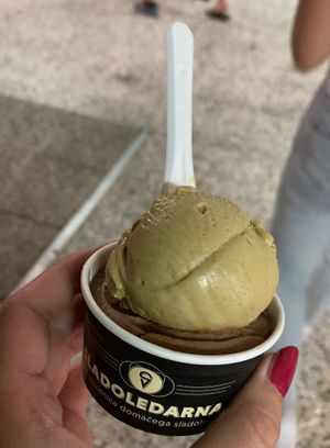 Pistachio and hazelnut vegan ice cream at Sladoledarna in Koper