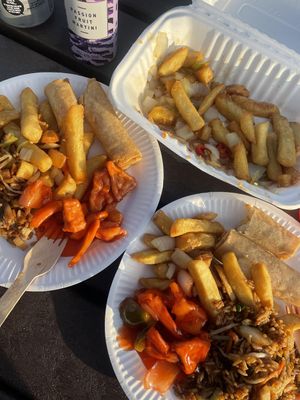 Vegetarian spring rolls, sweet and sour tofu, salt and pepper chips and vegetable fried rice (no egg) at Magic Wok in Windermere