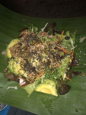 Salad (goodies are underneath sauce and seeds) at Night Market - Vegan Wrap Stall in Pai