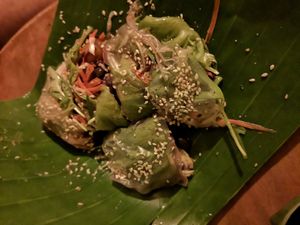 Amazing appetizer with peanut sauce! at Night Market - Vegan Wrap Stall in Pai