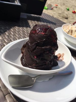 Dark chocolate with raspberry vegan ice cream.

Photo by: ‎Abbie D. on Facebook at Kavarna Cacao in Portoroz