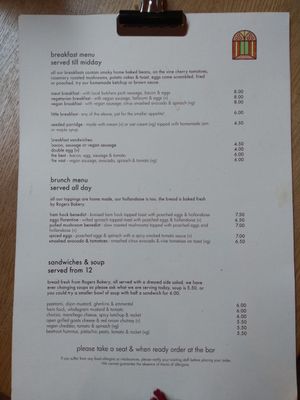 Breakfast and brunch menu. Vegan and vegetarian options clearly labelled  at Arcade Coffee and Food in Huddersfield