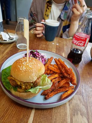 Tofy katsu burger + sweet potato fries at Arcade Coffee and Food in Huddersfield