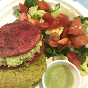 Mexican Stuffing in Beet and Spinach arepas at Reina Vegana in Hollywood