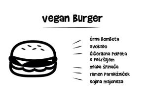 Vegan burger: black bombet, avocado, chickpea burger with parsley, young spinach, yellow tomato and soy mayonnaise.

Photo by: Bar Cameral on Facebook at Bar Cameral in Koper