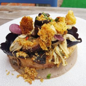 Vegan mushrooms on toast with cashew cheese and pumpkin croutons at Tonic & Grace in Malvern
