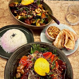 Cashew stir fry, sweet & sour vegan duck, roti  at Hochi Mama in Melbourne