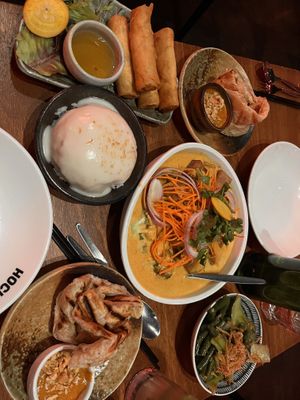 Spring rolls, roti, coconut rice, Southside curry and Hanoi greens   at Hochi Mama in Melbourne