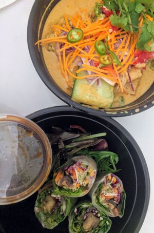 The Southside Curry (delicious) and the eggplant rice paper rolls (nice). at Hochi Mama in Melbourne