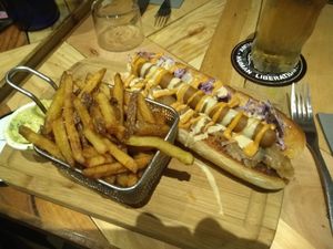 Hotdog (vegan) with fries 14euros at L'Embargo in Toulouse