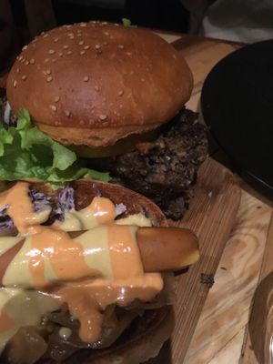 Mushroom burger and tofu hotdog  at L'Embargo in Toulouse