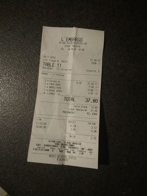 Total bill of the dinner for two at L'Embargo in Toulouse