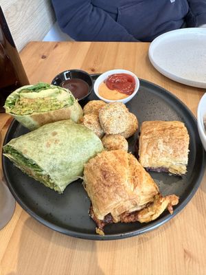 Falafel wrap, arancini and sausage roll   at Way2live Cafe & Pantry in Hammondville