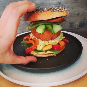 Bagel Burger Stack at Way2live Cafe & Pantry in Hammondville