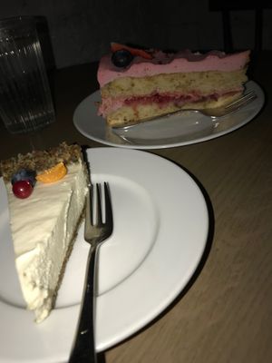 Cheesecake and strawberry cream cake.  at Mazā Terapija in Riga