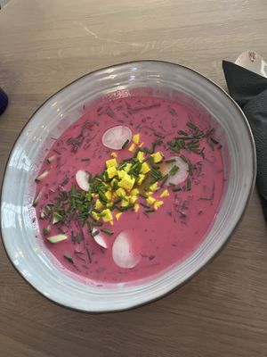 Aukstā biešu zupa - cold beets soup  at Mazā Terapija in Riga