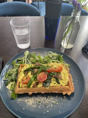 Breakfast waffle with scrambled tofu  at Mazā Terapija in Riga