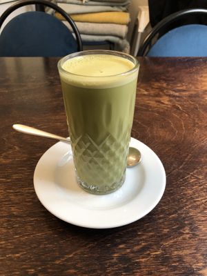 Matcha latte with oat milk. Almond and soy are also available.  at Mazā Terapija in Riga
