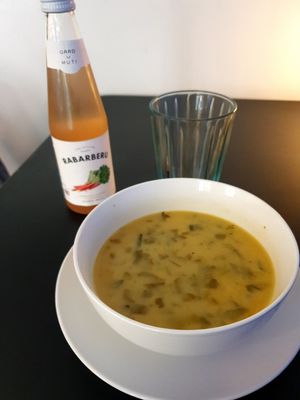 Soup and rhubarb lemonade at Mazā Terapija in Riga