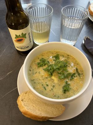 Soup of the day as well as a papaya kombucha   at Mazā Terapija in Riga