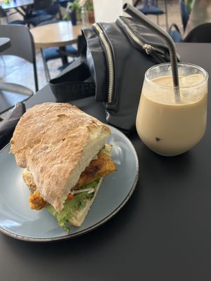Soy cutlet sandwich was yummy! Iced soy latte also good   at Mazā Terapija in Riga