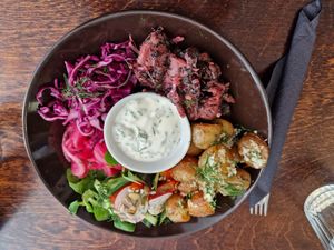 Excellent potatoes, aubergine herring, salad and other. at Mazā Terapija in Riga