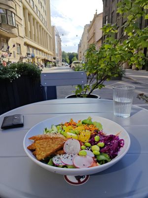 tempeh bowl with greens & mango at Mazā Terapija in Riga