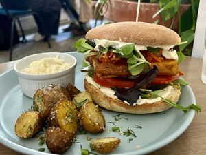 Crunchy tofu burger   at Mazā Terapija in Riga