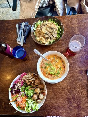 Tom yum soup was extraordinarily good. Pasta with portobello mushrooms and truffle. Kebap bowl also extremely good! Everything tastes Amazing here !!!!  at Mazā Terapija in Riga