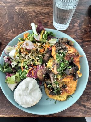 Potato pancakes with mushrooms 😋 at Mazā Terapija in Riga