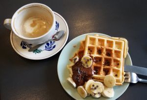 waffles with vegan hazelnut spread at Mazā Terapija in Riga