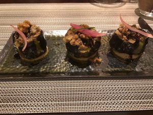 Walnut and aubergine main course  at Azur - Four Seasons Hotel in Tunis