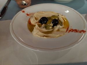 Hummus and olives appetizer at Azur - Four Seasons Hotel in Tunis