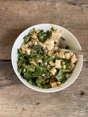 Bland “poke bowl” after being mixed.   at Organi-K in Sayulita