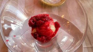 Rice ice cream with raspberries.

Photo by: Tinita B. on Facebook at Gostilna in Picerija Ajda in Cankova