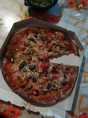 Vegan pizza with seitan.

Photo by: Barbara P. on Facebook at Gostilna in Picerija Ajda in Cankova