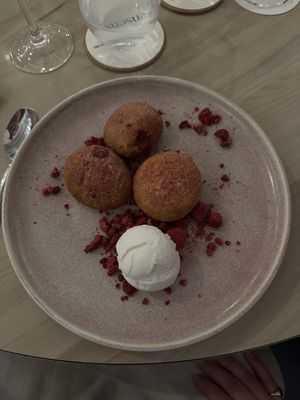 Cinnamon doughnuts with raspberry jam and sorbet  at Jensens in Kareela