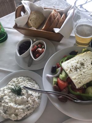 Tzatziki, bread and Greek Salad at Vitamins Taverna in Corfu