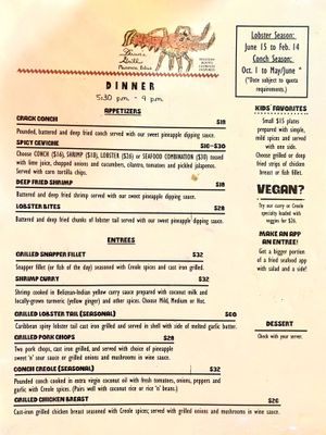 Menu at Dawn's Grill in Placencia