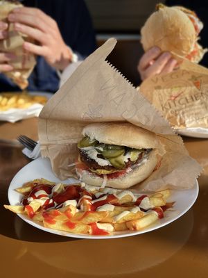Cheeseburger and fries at Vegan 365 Kitchen in Skopje